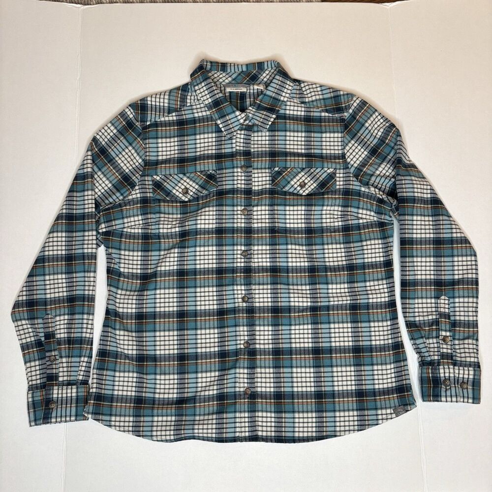 L.L.Bean Women’s Petite L Plaid Flannel Shirt Teal Blue Long Sleeve Button Up
